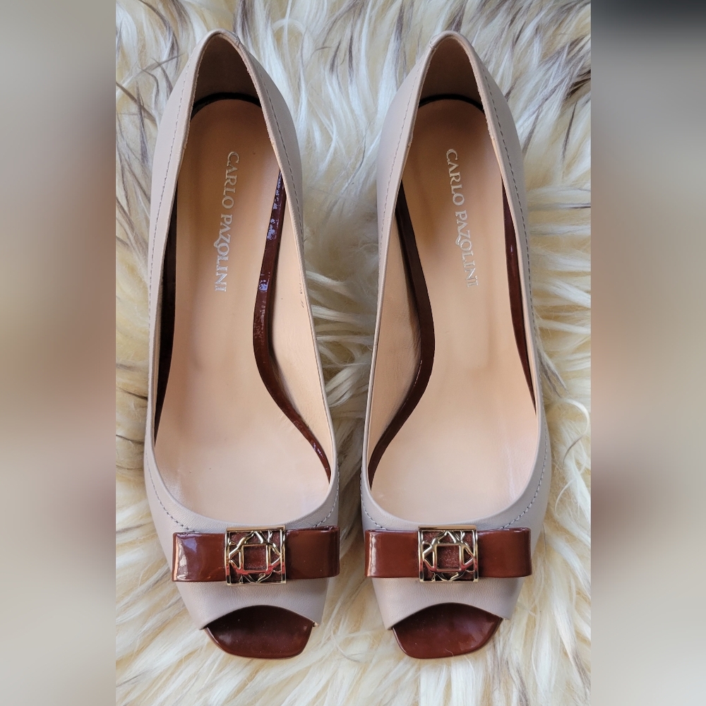 Beige and Brown Peep-Toe Heels